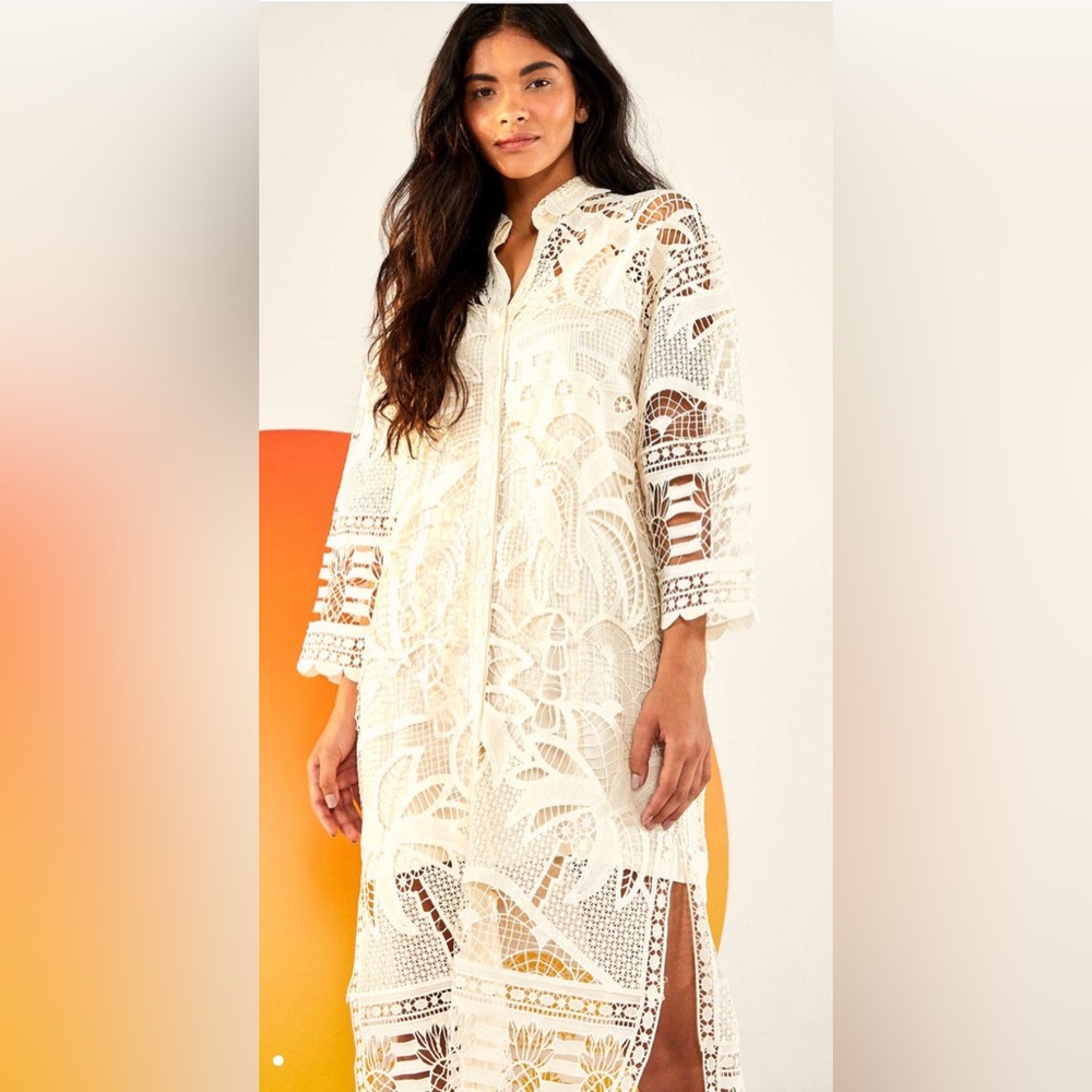 FARM Rio Off-White Guipire Chemise Sleeved Dress XLARGE
